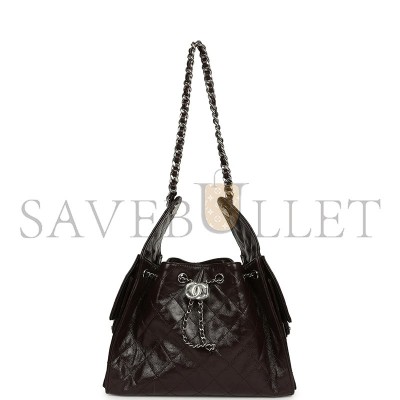 CHANEL MASTER SMALL 25 HOBO BAG DARK BROWN SHINY AGED CALFSKIN SILVER HARDWARE AS5293  (30*26*14cm)